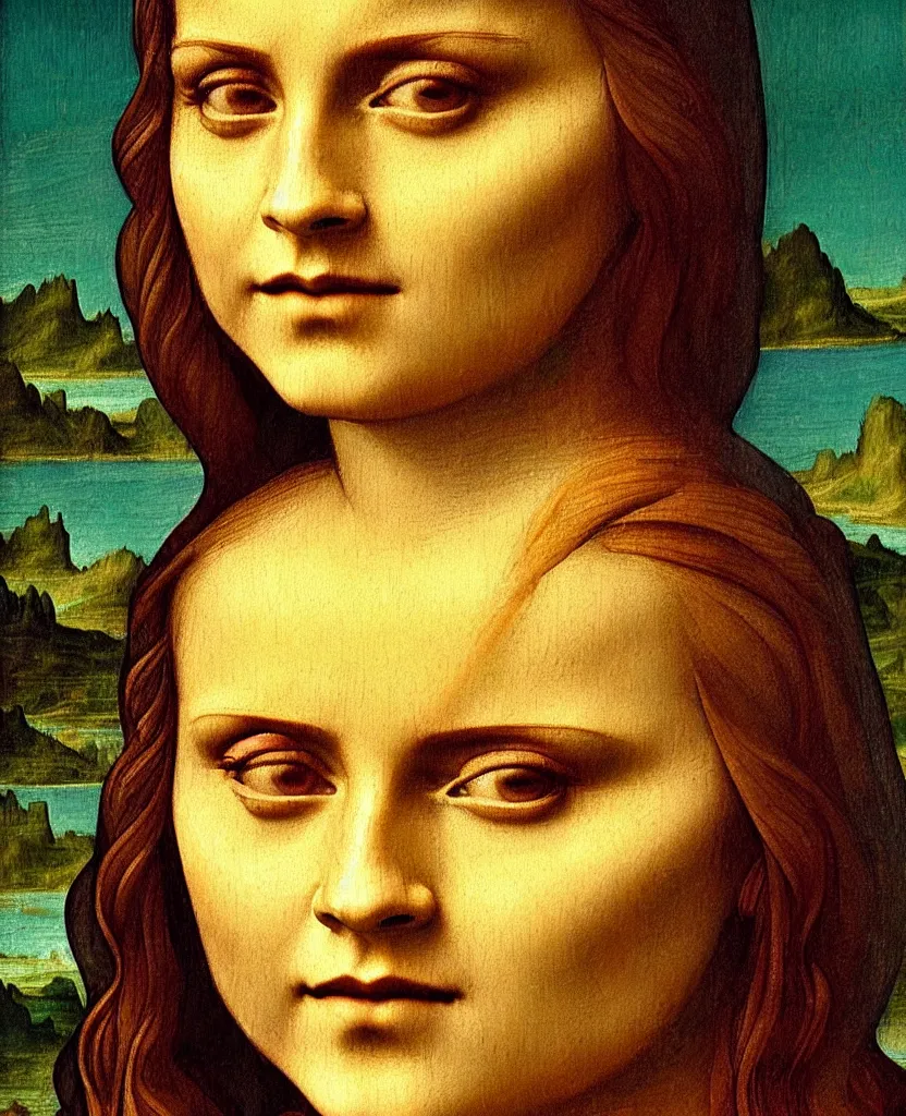 Image similar to emma watson oil painting by leonardo da vinci in style of mona lisa, close up portrait