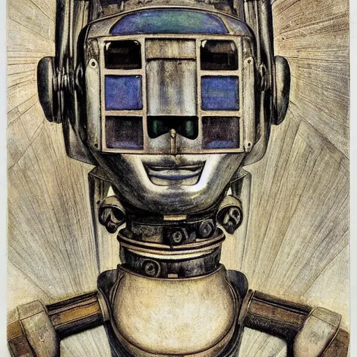 Prompt: the robot in her mechanical mask, by Annie Swynnerton and Diego Rivera, in profile, symbolist, dramatic lighting, elaborate geometric ornament, Art Brut ,god rays, soft cool colors,smooth, sharp focus, extremely detailed, Adolf Wölfli