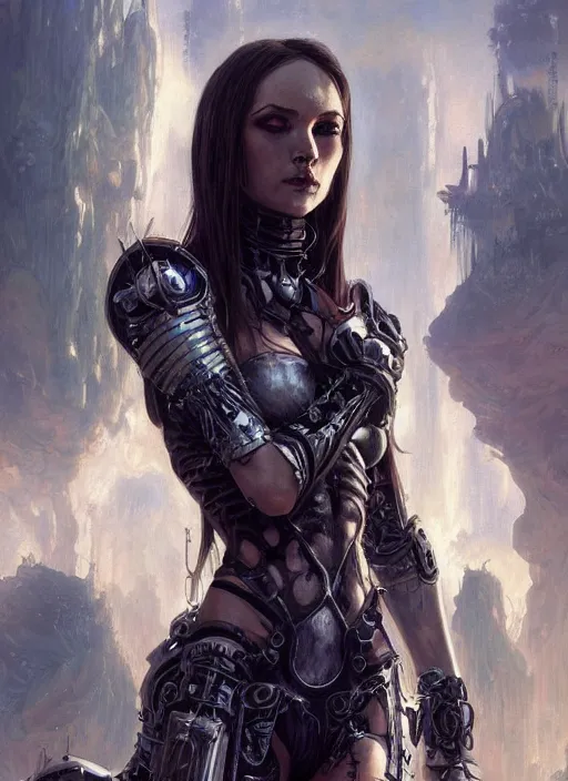 Image similar to portrait of beautiful pale gothic maiden in armor bikini, warhammer 40000, cyberpunk, intricate, elegant, highly detailed, digital painting, artstation, concept art, smooth, sharp focus, illustration, art by artgerm and greg rutkowski and alphonse mucha and Gustav Klimt
