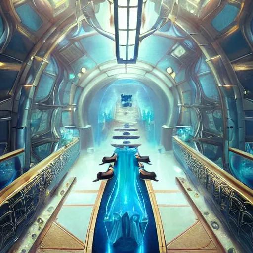 Prompt: a crowd of people walk down a hallway on the atlantis paradise, a retro futuristic spaceship made of brass bronze gold, art deco influence, hotel style design. suspended bridge walkways. bioshock, starship titanic. clean, well composed painting by artgerm and greg rutkowski