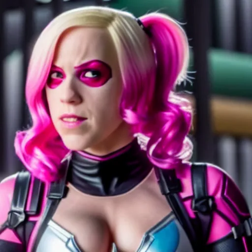 Image similar to A still of Gwenpool in Deadpool 3 (2023), no mask, blonde hair with pink highlights