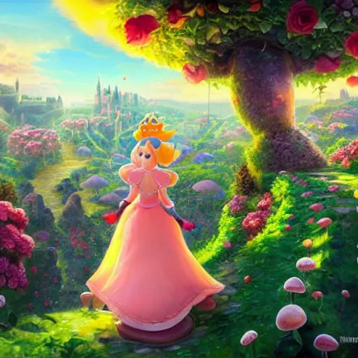 Prompt: portrait of princess peach from Mario, running up a hill of exotic flowers in the Mushroom Kingdom, giant mushrooms, and roses, from behind, Castle in distance, birds in the sky, sunlight and rays of light shining through trees, beautiful, solarpunk!!!, highly detailed, digital painting by Michael Garmash and Peter Mohrbacher