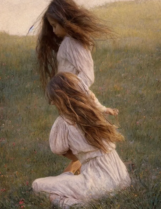 Image similar to peasant barefoot girl with long hair laying edge of rock, cottage core, cinematic focus, polaroid photo bleached vintage pastel colors high - key lighting, soft lights, foggy, by steve hanks, by lisa yuskavage, by serov valentin, by tarkovsky, 8 k render, detailed, oil on canvas