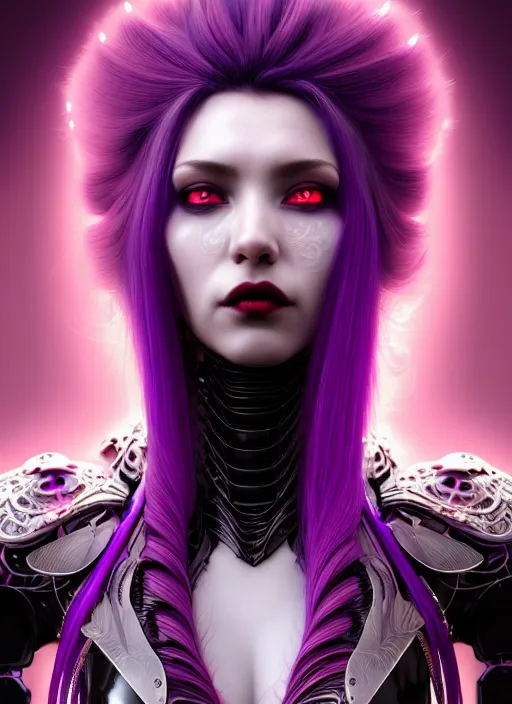 Prompt: a photorealistic detailed image of a beautiful stoic vampire in sci - fi bionic armor with purple hair, black and red, intricate, elegant, highly detailed, digital painting, artstation, concept art, smooth, sharp focus, illustration, art by hana yata, artem demura, alphonse mucha, octane render, unreal engine, 8 k