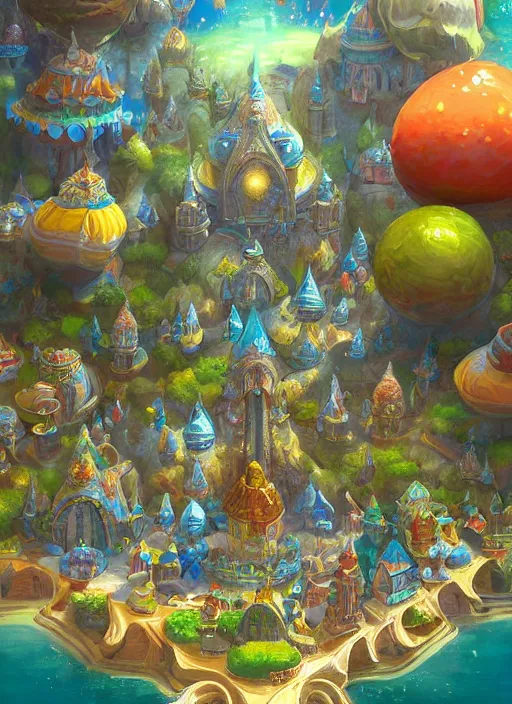 Image similar to foam priest and his bubble kingdom, unique landscape, highly detailed, flying buildings, colorful, palace, bubble trees, cinematic lighting, artstation, intricate, masterpiece, art by maria panfilova and dylan kowalski and huifeng huang