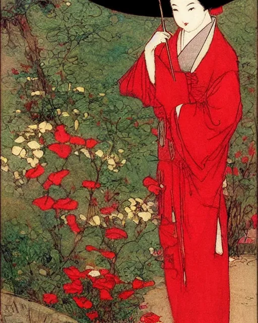 Image similar to a painting of a geisha in a red dress by Warwick Goble, pinterest, art nouveau, made of flowers, pre-raphaelite, impressionism