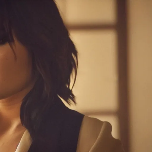 Image similar to close-up of Demi Lovato as a detective in a movie directed by Christopher Nolan, movie still frame, promotional image, imax 70 mm footage