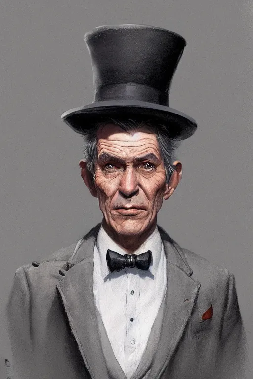 Prompt: A grey hair old halfling with stubble top hat and suit by Greg Rutkowski, painting, HD, high details, trending on artstation