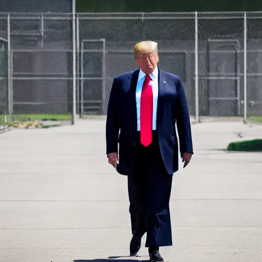 Image similar to photojournalist photo of donald trump in prison clothes walking in the federal prison yard, 3 5 mm f 1. 8