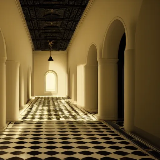 Prompt: small dark corridor that leads to a majestic beautiful palace, natural light with shadows, octane rendered,