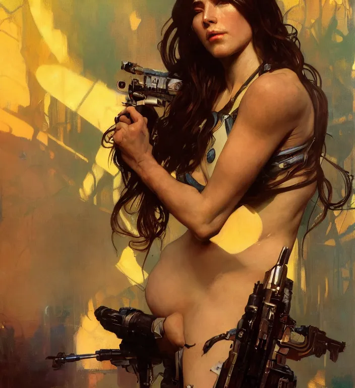 Image similar to hyperrealist portrait of lady terminator. by jeremy mann and alphonse mucha, seductive fantasy art, photo - realistic, dynamic lighting, artstation, poster, volumetric lighting, very detailed faces, 8 k, award - winning, golden hour