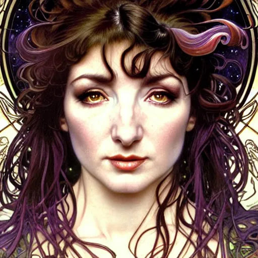 Prompt: realistic detailed face portrait of kate bush with a spiral nebula for hair by alphonse mucha, ayami kojima, amano, greg hildebrandt, and mark brooks, art nouveau, neo - gothic, gothic, character concept design