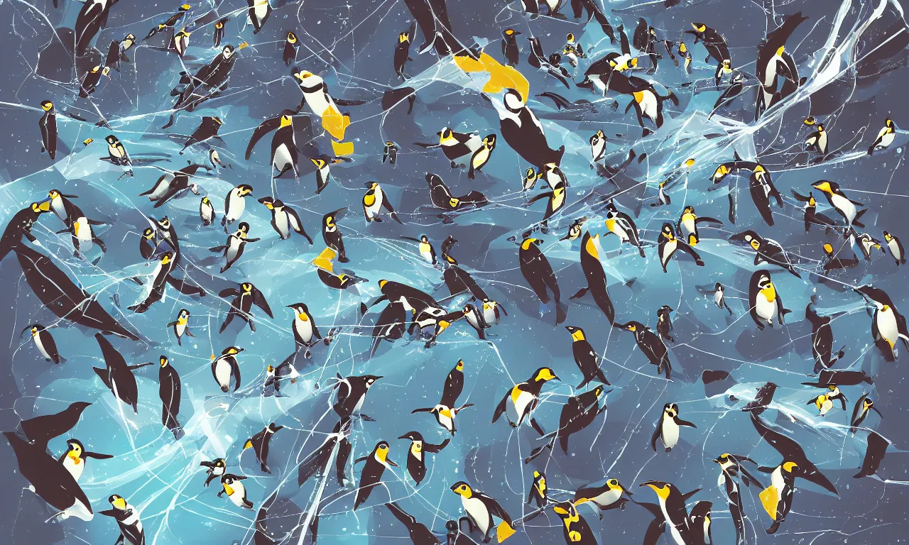 Prompt: busy penguins ripping space, rocks and scissors and interconnected high speed rails, digital art, 3 d illustration, transparent backround