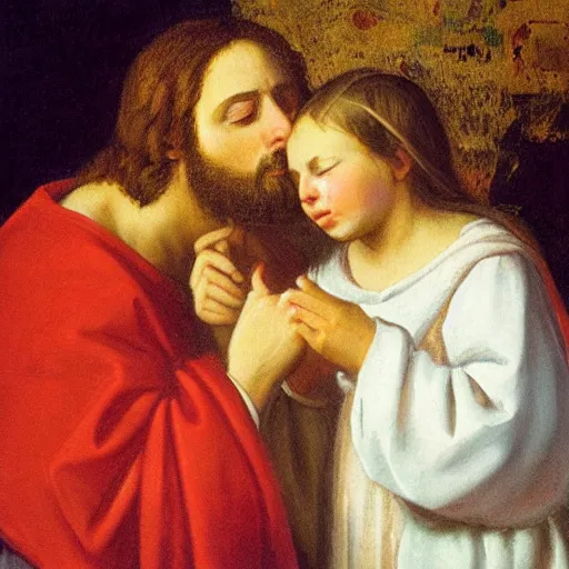 Image similar to an oil panting of a jesus kissing maria maddalena