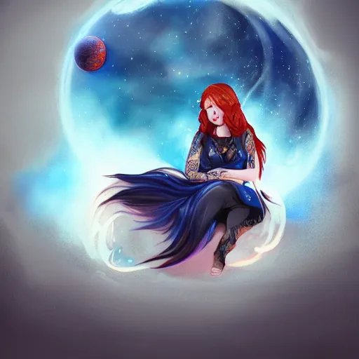 Prompt: a full body portrait of a beautiful tattooed redhead woman sitting, carrying a gun, a planet in the background. futurist, blue dress, light iridescent hair color, long windy hair style, fantasy, realistic, intricate, sharp focus, lens flare, bloom, rim light, illustration, highly detailed, digital painting, concept art, matte, art by ruan jia