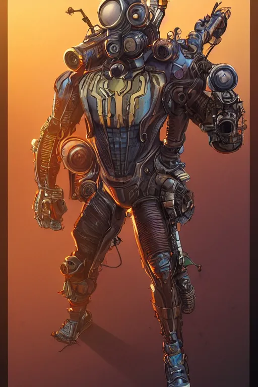 Image similar to spiderman futurist steampunk fallout 7 6 power armor, hyper realistic, art cover, official fanart behance hd artstation by jesper ejsing,, that looks like it is from borderlands and by feng zhu radiating a glowing aura global illumination ray tracing hdr