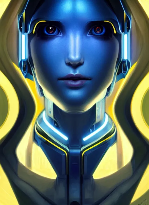 Prompt: symmetry!! portrait of a robot with big eyes, sci - fi, tech wear, blue and yellow glowing lights!! intricate, elegant, highly detailed, digital painting, artstation, concept art, smooth, sharp focus, illustration, art by artgerm and greg rutkowski and alphonse mucha