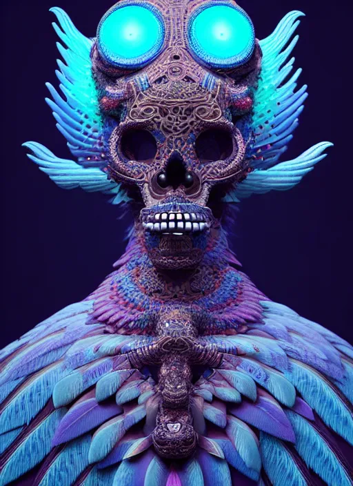 Image similar to 3 d goddess profile portrait, sigma 5 0 0 mm f / 5. beautiful intricate highly detailed quetzalcoatl skull and feathers. bioluminescent, plasma, lava, ice, water, wind, creature, thunderstorm! artwork by tooth wu and wlop and beeple and greg rutkowski, 8 k trending on artstation,