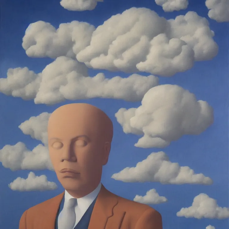 Image similar to cloud - man, by rene magritte, centered, detailed painting, hd, hq, high resolution, high detail, 4 k, 8 k