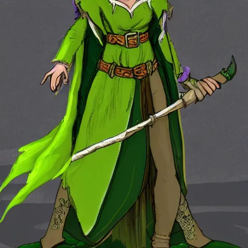 Prompt: A female elf druid with a green cloak, messy hair, dungeons and dragons character art