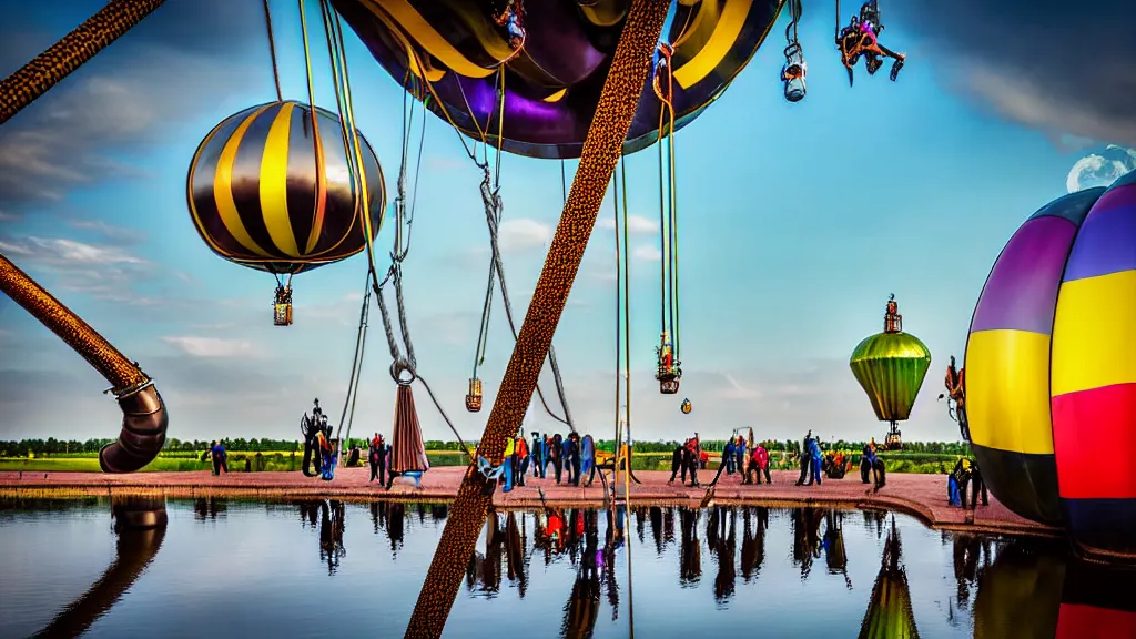 Image similar to large colorful futuristic space age metallic steampunk steam - powered balloons with pipework and electrical wiring around the outside, and people on rope swings underneath, flying high over the beautiful klaipeda in lithuania landscape, professional photography, 8 0 mm telephoto lens, realistic, detailed, photorealistic, photojournalism