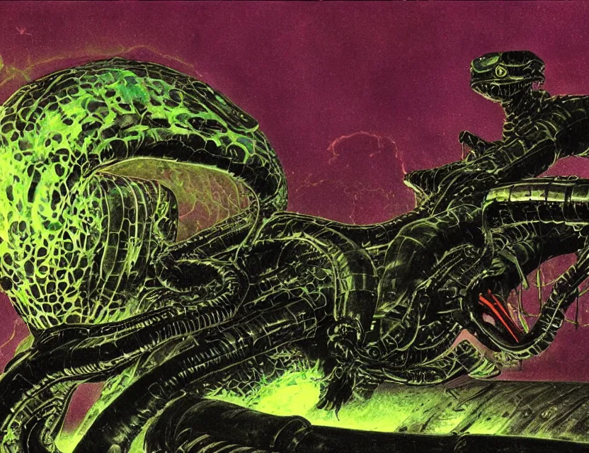 Prompt: a close - up view portrait of a silhouetted supernatural laser snake in brutalist halls with metallic alien technology. close - up view, detailed textures. glowing green purple fog, dark black background. poison skull face, highly detailed fantasy science fiction painting by moebius, norman rockwell, frank frazetta, and syd mead. rich colors, high contrast