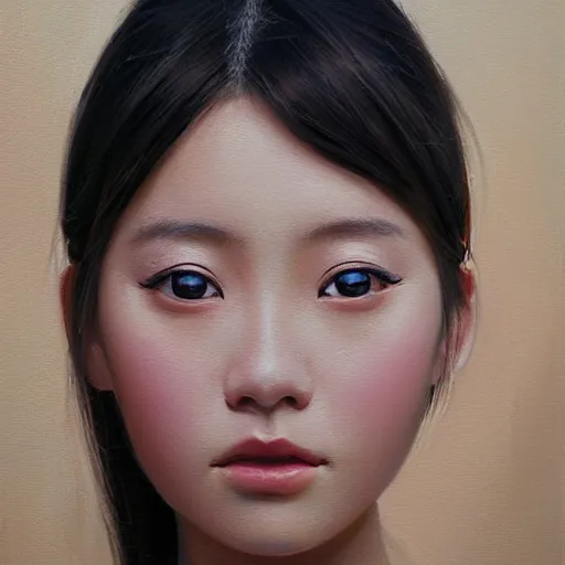 Image similar to perfect, realistic oil painting of close-up japanese girl face, by Sakimichan, by an American professional senior artist, Hollywood concept, dynamic composition and motion, postproduction.