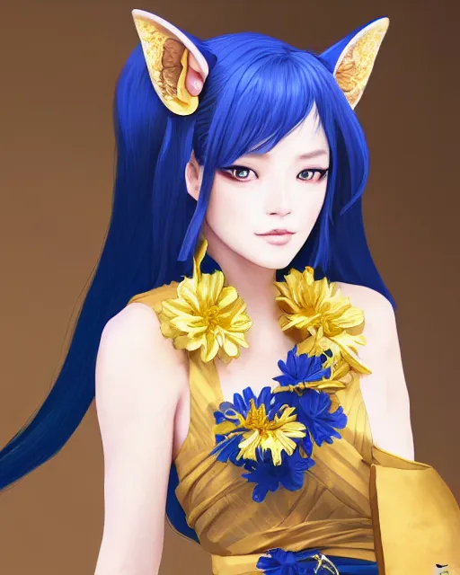 Prompt: Ssunbuki as a woman with fox ears and a royal blue kimono with gold flowers, Yakuza, visualartzi, korean, concept art by Karla Ortiz, James Paick, Charlie Bowater, Krenz Cushart, highly detailed, ultra detailed, ultra realistic, trending on artstation, cgstudio