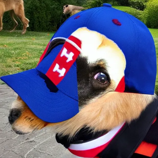 Image similar to doge wearing a make america great again cap