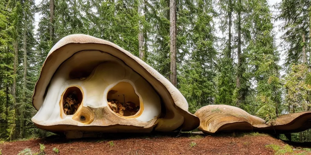 Image similar to cozy residence made from an enormous amantia mushroom, pacific northwest