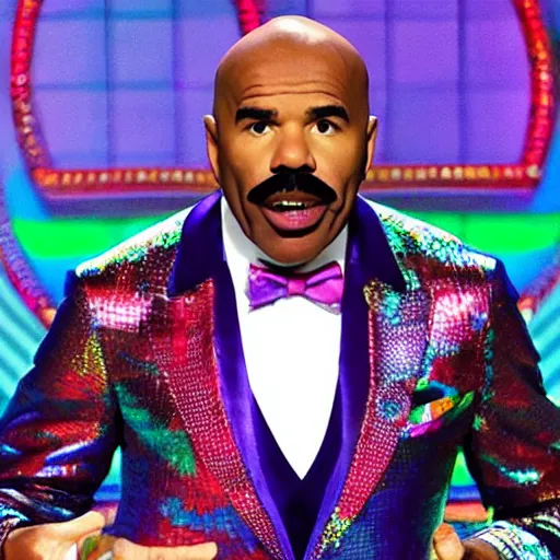 Prompt: Steve Harvey with a Rainbow Fish scale suit on