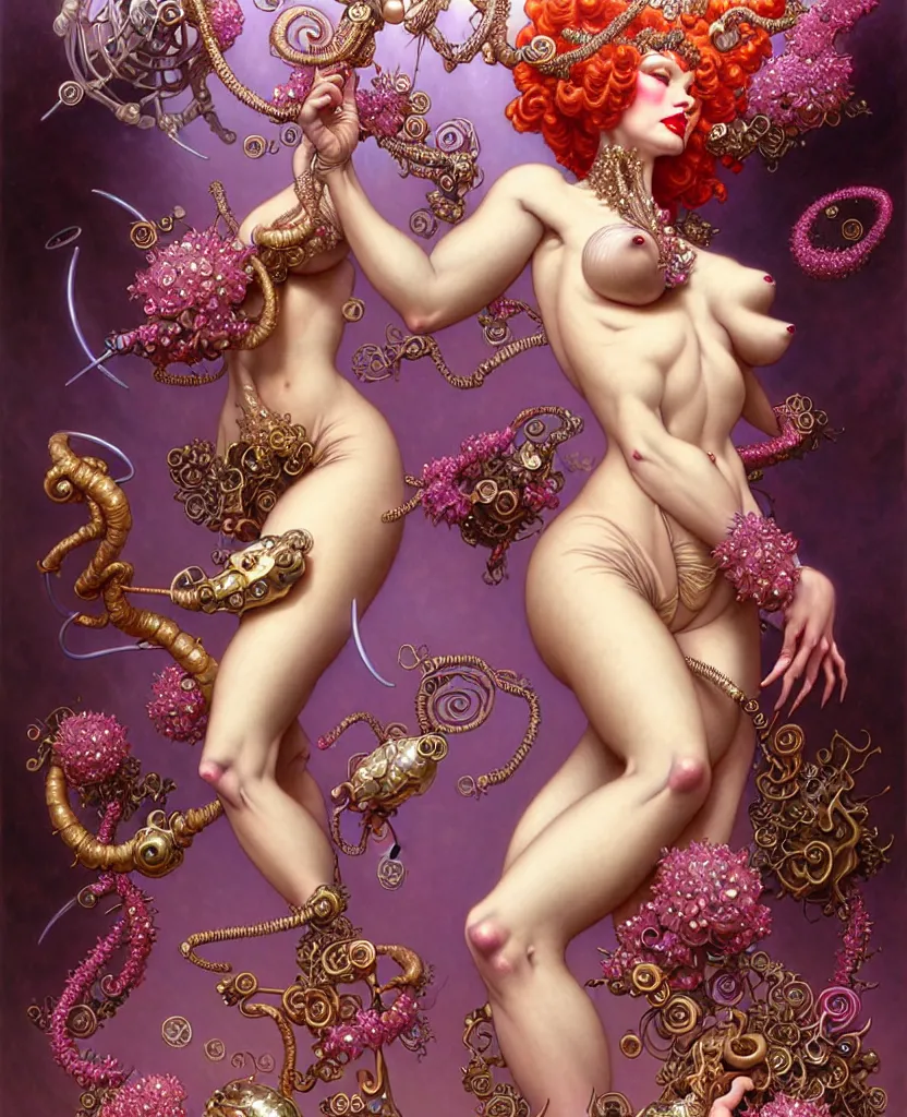 Image similar to beautiful burlesque dancer fantasy character portrait, ultra realistic, intricate details, the fifth element artifacts, highly detailed by peter mohrbacher, hajime sorayama, wayne barlowe, boris vallejo, aaron horkey, gaston bussiere, craig mullins alphonse mucha, art nouveau curves swirls and spirals, doves flowers pearls beads crystals jewelry goldchains scattered