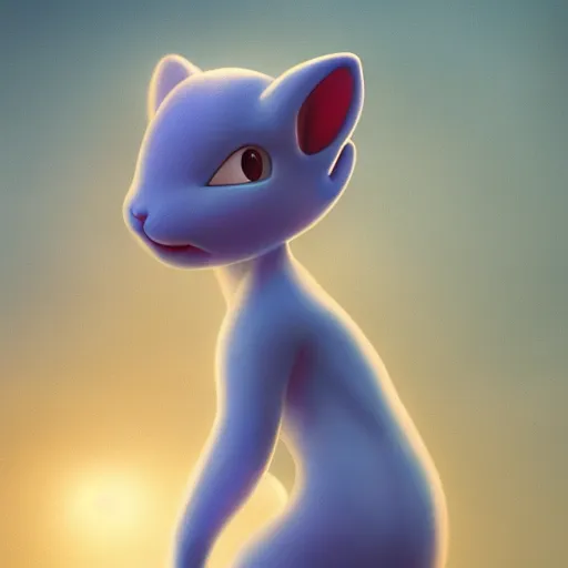 Image similar to cinematic portrait of cute Mew Mewtwo holding onto large blue bubble, oil on canvas, masterpiece, trending on artstation, featured on pixiv, cinematic composition, dramatic pose, beautiful lighting, sharp, details, hyper-detailed, HD, HDR, 4K, 8K