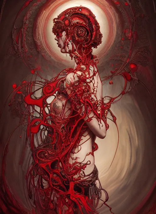 Prompt: masterpiece portrait of an beautiful necromancer girl with biomechanical modifications surrounded by crimson ink pour and flowing liquid occult swirls, powerful, dramatic lighting, h. r. giger, beksinski, alphonse mucha, artgerm, donato giancola, tom bagshaw, trending on cgsociety, octane render, 8 k