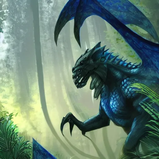 Image similar to A dragonborn with blue scales in a rainforest, trending on artstation, digital art