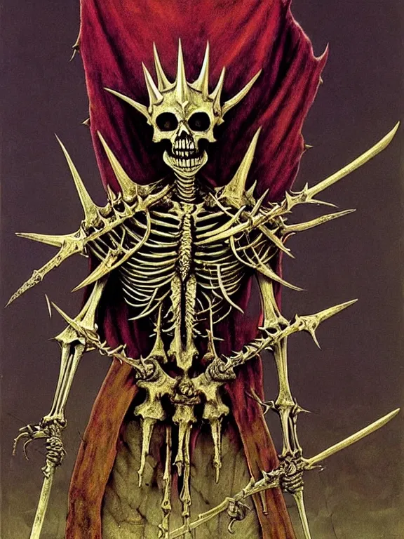 Prompt: A little vibrant. A spiked horned detailed semiork-semihuman skeleton with armored joints stands in a large cavernous throne room with sword in hand. Wearing massive shoulderplates, cloak. Extremely high details, realistic, fantasy art, solo, masterpiece, bones, ripped flesh, colorful art by Zdzisław Beksiński, Arthur Rackham, Dariusz Zawadzki, Harry Clarke