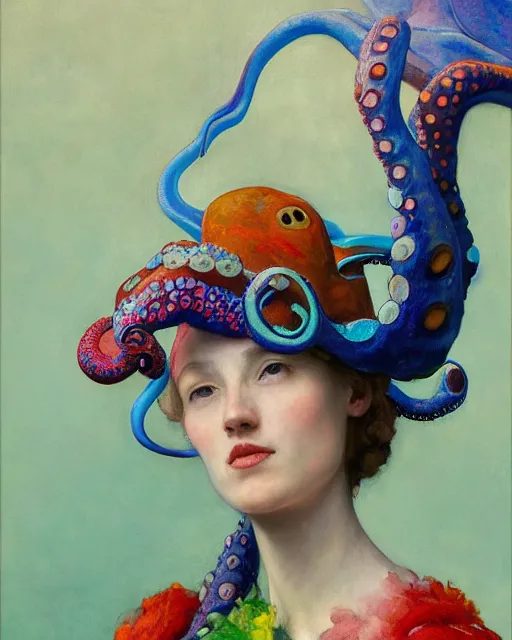 Image similar to a beautiful girl wearing a colourful octopus as a hat, painted by edgar maxence, edward hopper, wayne barlowe and james gilleard, airbrush, art by jamesjean