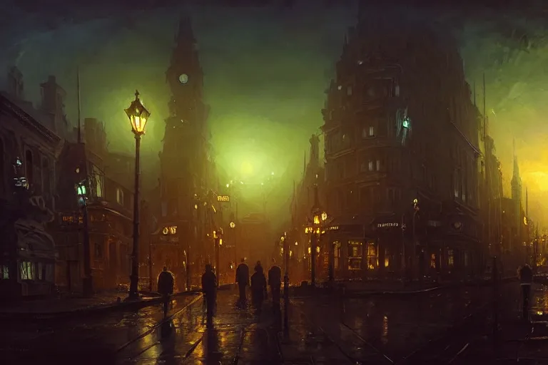 Image similar to an victorian city, scene in the night, lovecraftian horror in the background sky. 1 8 9 0, key visual, conceptart, ambient lighting, highly detailed, digital painting, artstation, concept art, sharp focus, by makoto shinkai and akihiko yoshida and greg manchess