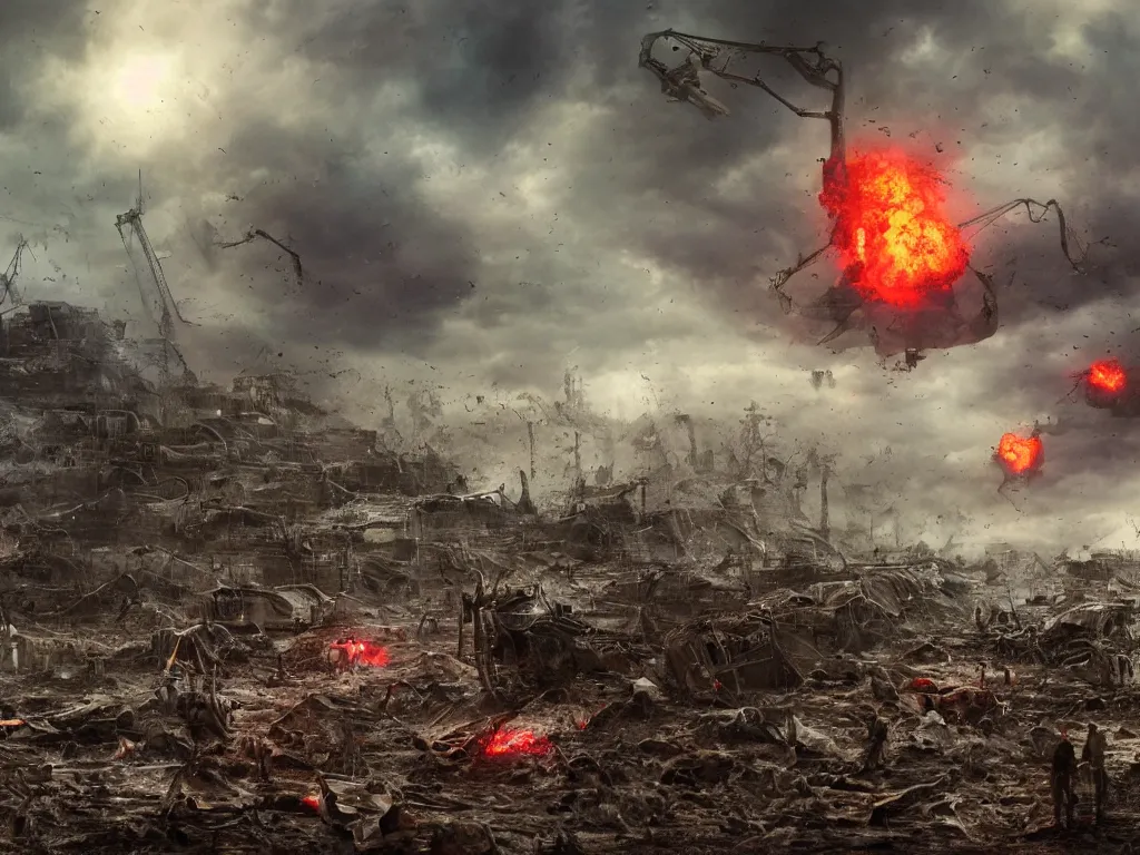 Image similar to landscape art of 8k ultra realistic war of the worlds walkers, destruction, full of colour, cinematic lighting, trending on artstation, 4k, hyperrealistic, focused, extreme details,unreal engine 5, cinematic, masterpiece, Edwardian, tripod, red weed, apocalyptic, demolition, heat ray, artillerymen, eve of war, dead london, invasion, art by Geoff Taylor