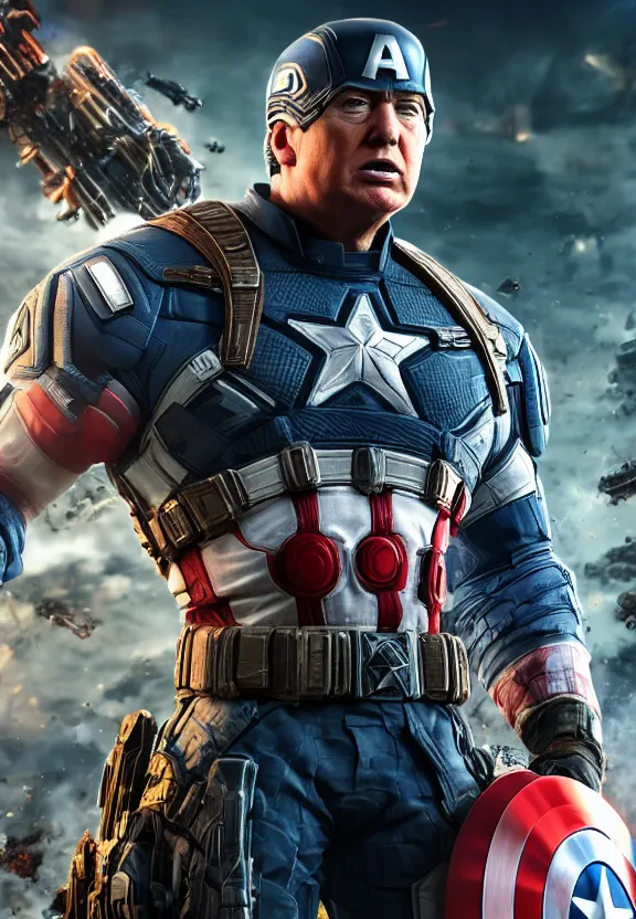 Image similar to Portrait of Donald Trump as captain america in Gears of War, splash art, movie still, cinematic lighting, dramatic, octane render, long lens, shallow depth of field, bokeh, anamorphic lens flare, 8k, hyper detailed, 35mm film grain