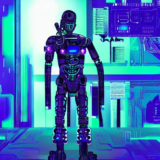 Image similar to a cybernetic warrior, cyberpunk, vapor wave