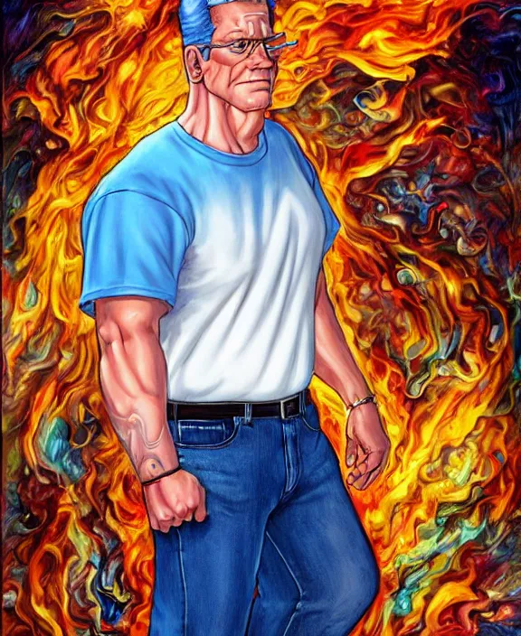 Prompt: hank hill wearing bluejeans and white tshirt, the god of propane, blue flames, magic realism, art by mike judge, art by josephine wall, art by huang guangjian, art by viktoria gavrilenko, art by amanda sage, trending on artstation