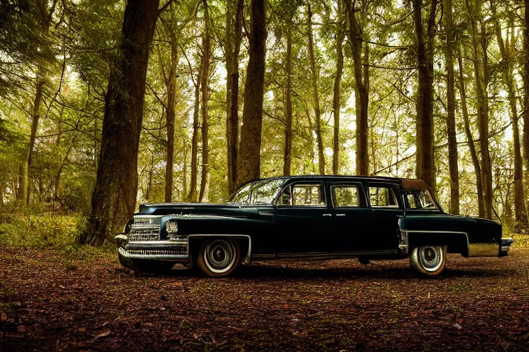 Prompt: a beautiful widescreen photo of a old cadillac upsidedown in a dark forest, mushrooms, in a dark forest low light, by dimitri mellos