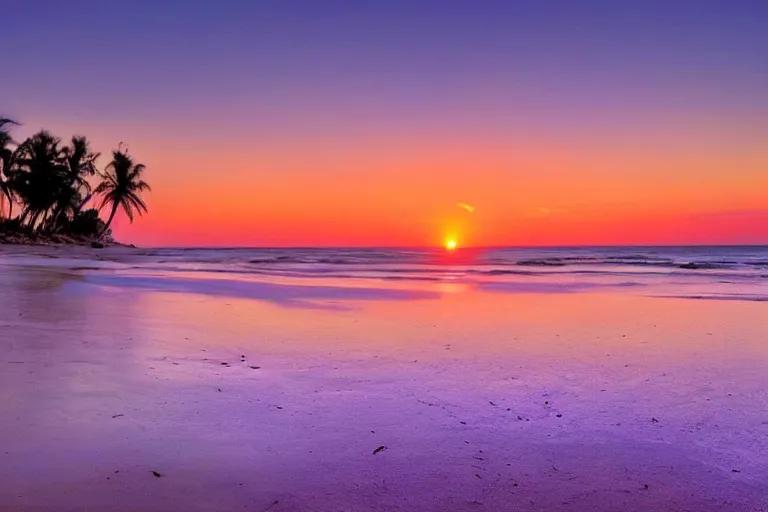 Prompt: beautiful digital photography of a beach, glistening glimmering light purple sunset hd wallpaper.
