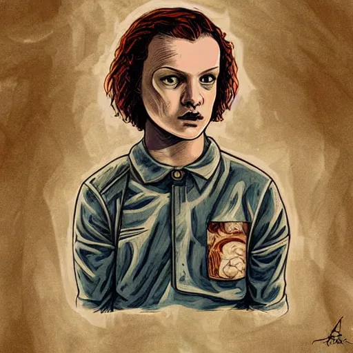 Prompt: eleven from stranger things, portrait by mohrbacher