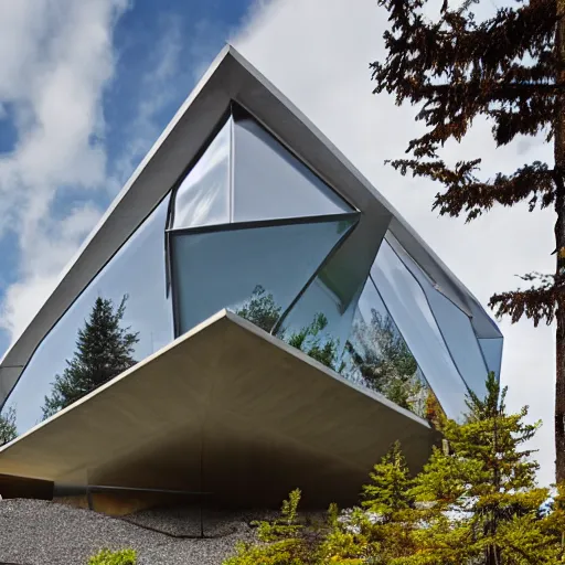 Image similar to large futuristic residence, cascadian, white and gray concrete, many large windows, triangular elements, orange metal