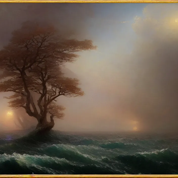 Image similar to a beautiful painting of the world tree on the red sea by ivan aivazovsky and greg rutkowski! and james gurney, in style of impressionism. highly detailed face. fantasy, elden ring, hyper detailed, sharp focus, soft light. ray tracing. trending on artstation. oil on canvas