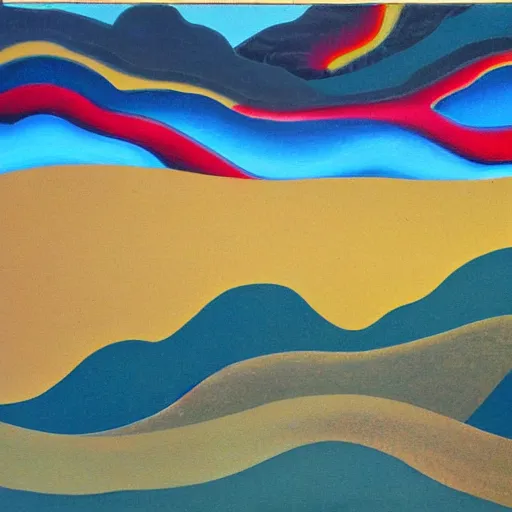 Prompt: A wild modernist landscape painting. Wild energy patterns rippling in all directions. Curves, organic. Saturated color. Mountains. Clouds. Textured surface. Rushing water.