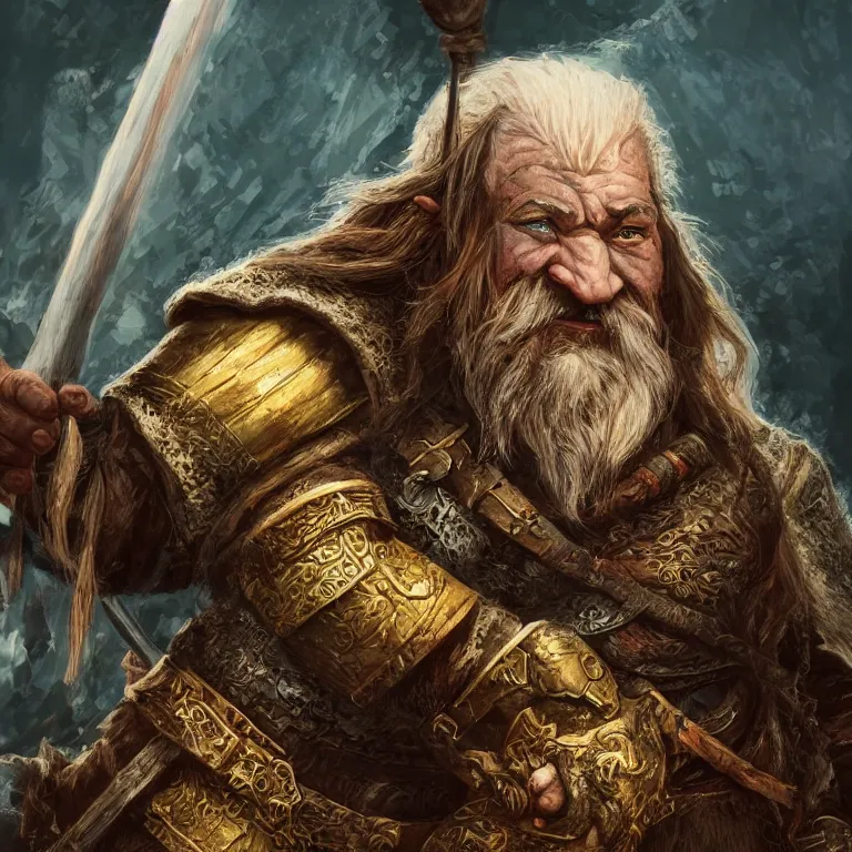 Image similar to dwarf warrior in mountain, lord of the rings style, fantasy, poster, character portrait, portrait, close up, concept art, intricate details, highly detailed, full body, 8 k