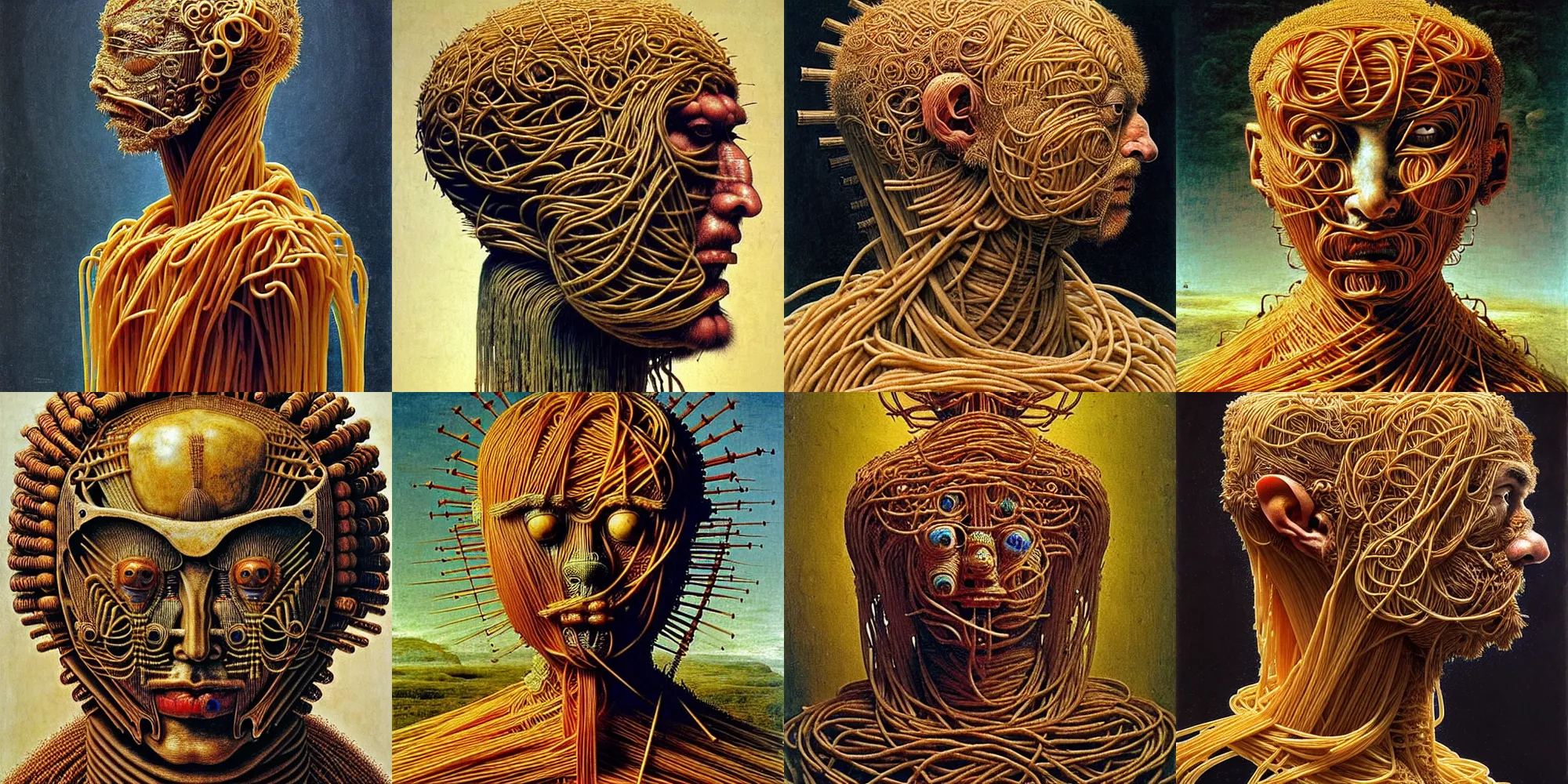 Prompt: full body and head of half boy half rhibo made of spaghetti, intricate armor made of spaghetti fractals, ancient warrior, samurai style, by giuseppe arcimboldo and ambrosius benson, renaissance, intricate and intense oil paint, a touch of beksinski, realistic